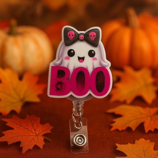 Pink BOO Ghost Halloween Badge Reel