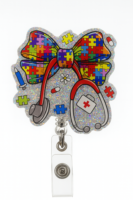 Autism Awareness Nurse Bow Badge Reel