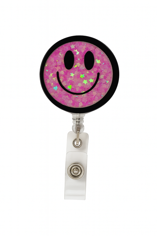 Shaker Pink Glitter Smiley Face Badge Reel