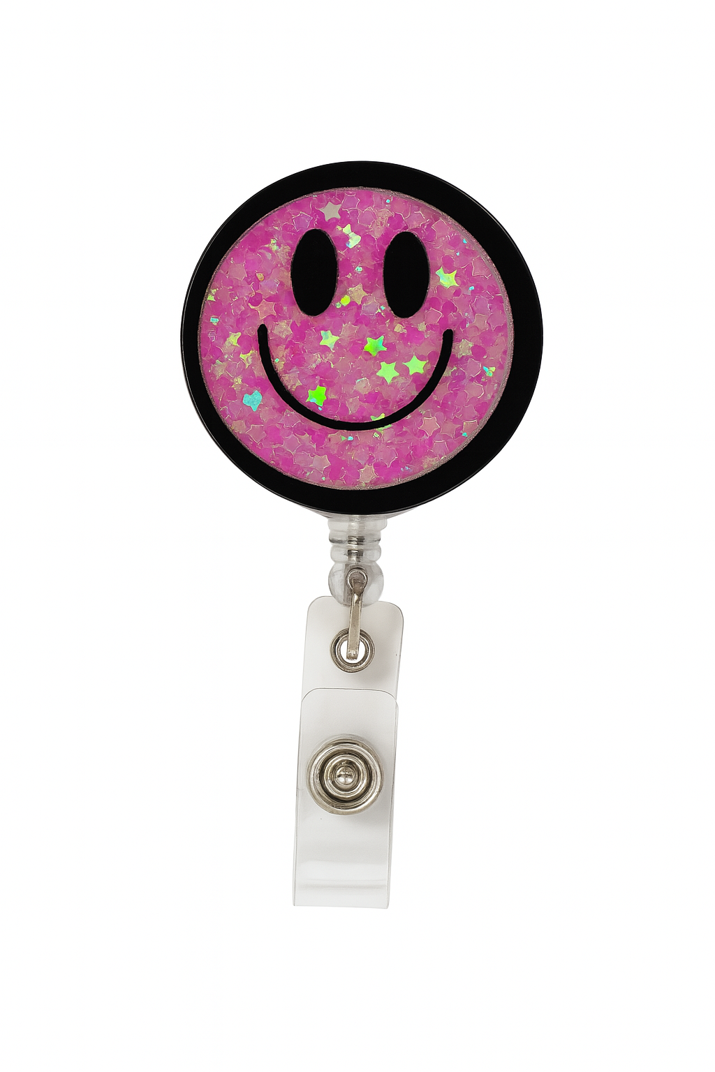 Shaker Pink Glitter Smiley Face Badge Reel